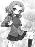  1girl boots closed_mouth commentary epaulettes foot_up frown girls_und_panzer gofu graphite_(medium) greyscale head_tilt jacket long_sleeves looking_at_viewer medium_hair military military_uniform miniskirt monochrome open_clothes open_jacket opened_by_self outdoors pleated_skirt rosehip shirt skirt solo st._gloriana&#039;s_military_uniform standing traditional_media uniform v-shaped_eyebrows 