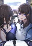  1boy 2girls :d bare_shoulders blush breast_press breasts brown_hair cellphone cleavage commentary hair_ornament large_breasts looking_at_viewer multiple_girls necktie open_mouth original phone purple_eyes smartphone smile symmetrical_docking train_interior xiujia_yihuizi 