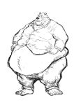  anthro aokmaidu barefoot belly belly_overhang big_belly black_and_white claws clothed clothing fur male mammal midriff monochrome obese obese_male open_mouth overweight overweight_male simple_background solo standing straining_buttons toe_claws ursid ursine white_background 