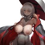  1girl areolae artist_name bare_shoulders black_bra blue_eyes blush bra breasts breasts_outside character_name choker closed_mouth commentary covered_navel dress eyeshadow grey_hair hair_over_shoulder hand_up highres holding holding_umbrella inverted_nipples large_breasts makeup medium_hair mole mole_under_eye nipples pandea_work red_nails simple_background skindentation sleeveless sleeveless_dress smile solo strapless strapless_bra tied_hair tongue tongue_out umbrella underbust underwear warship_girls_r white_background white_dress zara_(warship_girls_r) 