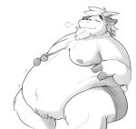  ahimsa_(artist) anthro belly belly_jiggle belly_overhang big_belly bovid breath caprine clothed clothing eyes_closed eyewear fingers fur glasses goat hand_on_stomach hooved_fingers horn huff male mammal moobs navel nipples obese obese_male overweight overweight_male simple_background sitting solo thick_thighs topless white_background white_fur 