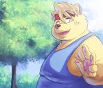  2019 absurd_res anthro belly canid canine canis clothing domestic_dog hi_res humanoid_hands inushishigami male mammal mouse_sully outside overweight overweight_male shirt solo topwear tree 