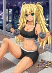  1girl :q bare_arms bare_legs bare_shoulders black_shirt black_shorts blonde_hair blurry blush bokeh breasts city_lights cleavage closed_mouth collarbone crop_top danberu_nan_kiro_moteru? depth_of_field dumbbell green_eyes highres holding indoors kazenokaze knee_up large_breasts long_hair looking_at_viewer midriff navel on_floor sakura_hibiki_(danberu_nan_kiro_moteru?) shirt short_shorts shorts sidelocks sitting sleeveless sleeveless_shirt smile snickers solo sports_bra stomach sweat taut_clothes thighs tile_floor tiles tongue tongue_out twintails window 