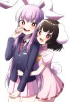 2girls :3 :d animal_ears bangs black_hair blazer blush bright_pupils bunny_ears bunny_tail carrot_necklace commentary_request cowboy_shot dress eyebrows_visible_through_hair finger_in_mouth hand_on_another&#039;s_stomach high_collar highres inaba_tewi jacket lavender_hair lavender_skirt long_hair long_sleeves looking_at_viewer miniskirt mouth_pull multiple_girls necktie open_mouth pink_dress puffy_short_sleeves puffy_sleeves red_eyes red_neckwear reisen_udongein_inaba ribbon-trimmed_dress short_hair short_sleeves simple_background skirt smile standing tail touhou tsukimirin very_long_hair white_background white_pupils 