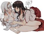  2girls absurdres akagi_(kantai_collection) blush brown_hair ear_blush hairband headband highres japanese_clothes kantai_collection long_hair miiii multiple_girls open_mouth pussy_juice shoukaku_(kantai_collection) simple_background skirt straight_hair sweat tears translation_request undressing_another white_hair 