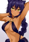  1girl armpits blush breasts cleavage dark_skin flower gomashi_(goma) hair_between_eyes hair_flip hair_ornament highres jahy jahy_sama_wa_kujikenai long_hair looking_at_viewer navel purple_hair revealing_clothes smile solo yellow_eyes 