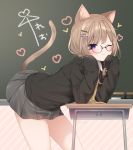  1girl ;3 ai_ai_gasa animal_ear_fluff animal_ears black-framed_eyewear black_sweater blush brown_hair cat_ears cat_girl cat_tail chalkboard closed_mouth commentary desk diagonal-striped_background diagonal_stripes glasses grey_skirt hands_up heart leaning_forward long_hair long_sleeves looking_at_viewer mafuyu_(chibi21) multicolored_hair one_eye_closed original pleated_skirt purple_eyes purple_hair school_desk semi-rimless_eyewear signature skirt sleeves_past_fingers sleeves_past_wrists solo streaked_hair striped striped_background sweater symbol_commentary tail tail_raised under-rim_eyewear 