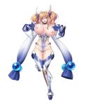  1girl aoi_nagisa_(metalder) ass_visible_through_thighs bangs bare_shoulders beads bikini bikini_top blonde_hair blue_eyes blue_gloves blush breasts character_request choker collarbone covered_navel detached_sleeves eyebrows_visible_through_hair fingerless_gloves full_body furrowed_eyebrows gloves groin hair_between_eyes hair_ornament half-closed_eyes hands_up highleg highleg_leotard highres impossible_clothes large_breasts leg_up leotard lips long_hair looking_at_viewer mechanical_legs nipples official_art open_mouth partly_fingerless_gloves shiny shiny_clothes shiny_hair shiny_skin simple_background solo standing stomach string_bikini swimsuit taimanin_(series) taimanin_asagi_kessen_arena thighhighs twintails untied untied_bikini white_background white_bikini white_bikini_top wide_sleeves 