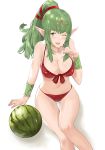  1girl ;d ass_visible_through_thighs bangs bikini breasts cleavage eyebrows_visible_through_hair fire_emblem fire_emblem_awakening food front-tie_bikini front-tie_top fruit green_eyes green_hair hair_ribbon high_ponytail j@ck jewelry large_breasts long_hair looking_at_viewer navel necklace one_eye_closed open_mouth pointy_ears ponytail raised_eyebrow red_bikini red_ribbon ribbon sitting smile solo swimsuit tiara tiki_(fire_emblem) vambraces watermelon white_background 