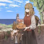  1boy 1girl ahoge backpack bag blonde_hair bowl bread brown_eyes brown_hair building character_request eating eyebrows_visible_through_hair food hair_ribbon highres horizon jun_(seojh1029) key_necklace lighthouse medieval ocean original ribbon rock scenery shirt skirt_grab stone_wall tree wall 