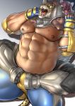  abs anthro armor_king asphyxiation biceps bodily_fluids boots bottomwear bulge choking clothed clothing duo felid fight footwear holding_(disambiguation) jaguar king_(tekken) male male/male mammal mennsuke muscular muscular_male navel nipples pantherine pecs sweat tekken topless video_games wrestler wrestling 