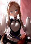  1girl abigail_williams_(fate/grand_order) backlighting bangs black_skirt blonde_hair blue_eyes blush bow breasts butterfly_hair_ornament dress fate/grand_order fate_(series) forehead frills hair_ornament hana_no_namida heroic_spirit_traveling_outfit highres keyhole long_hair long_sleeves looking_at_viewer maid maid_headdress open_mouth orange_bow parted_bangs sidelocks skirt sleeves_past_fingers sleeves_past_wrists small_breasts solo stuffed_animal stuffed_toy teddy_bear very_long_hair white_dress window 