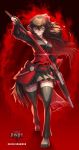  1girl bandana black_hair dark_background english_text fingerless_gloves gauntlets gloves highres japanese_clothes katana leg_warmers official_art purple_eyes raven_branwen red_background rwby sheath shoes skirt solo sword thighhighs uyalago weapon 