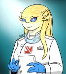  2019 alien blue_eyes clothing doctor doctor_mura face_mask female gloves handwear hi_res hospital humanoid luminid mask medic medical nurse purple_eyes rik4100 simple_background smile solo surgeon uniform 