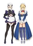  2girls ahoge alternate_costume apron artoria_pendragon_(all) artoria_pendragon_(lancer) artoria_pendragon_(lancer_alter) bangs black_dress black_legwear blue_dress blue_legwear blush braid breasts closed_mouth crown dress enmaided fate/grand_order fate_(series) french_braid frills full_body green_eyes hair_between_eyes hand_on_hip high_heels horns large_breasts legs long_hair long_sleeves looking_at_viewer maid maid_headdress multiple_girls pale_skin puffy_sleeves sidelocks simple_background smile swept_bangs thighhighs thighs underboob waist_apron white_background yang-do yellow_eyes 