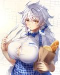  1girl apron asymmetrical_hair bag baguette blue_neckwear bow bowtie braid bread breasts brown_eyes bursting_breasts button_gap commentary_request employee_uniform food gingham huge_breasts id_card jitome kantai_collection kobeya koubeya_uniform long_hair looking_at_viewer paper_bag plaid plaid_apron shirt silver_hair single_braid solo tongs uniform unryuu_(kantai_collection) very_long_hair waitress white_shirt yamaarashi 