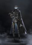  assault_rifle black_background black_cloak cloak clothes_writing full_body glowing gun highres holding holding_gun holding_weapon no_humans original rifle robot smoke solo standing weapon weapon_request yurichtofen 