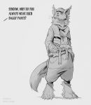  5_fingers anthro baggy_pants biped canid canine claws clothed clothing dialogue digital_media_(artwork) digitigrade english_text fingers fluffy fox fully_clothed fur hi_res majmajor male mammal monochrome offscreen_character simple_background solo standing text toe_claws topwear 