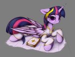  2019 book clothing english_text equid feathered_wings feathers female feral friendship_is_magic hitbass horn mammal my_little_pony purple_eyes smile solo text twilight_sparkle_(mlp) winged_unicorn wings 