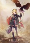  1girl armband asymmetrical_legwear bag bangs bird blonde_hair boots character_name dated dust eagle explosion full_body girls_frontline gloves gun hair_between_eyes hand_up head_tilt highres hiroki_ree holding holding_bag jacket kneehighs long_hair red_scarf rifle scarf scw_(girls_frontline) scw_(gun) short_hair signature single_kneehigh single_thighhigh skindentation smile snap-fit_buckle solo thigh_strap thighhighs weapon wind 