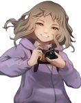  1girl brown_eyes brown_hair camera grin highres holding holding_camera hood hooded_jacket hoodie houkagi_yuu jacket just_because! komiya_ena long_hair long_sleeves pocket smile solo white_background zipper 