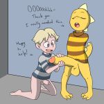  balls big_penis boxtop cub dialogue handjob hi_res huge_penis human interspecies invalid_tag male male/male mammal monster monster_kid penile penis reptile scalie sex striped_shirt undertale video_games young 