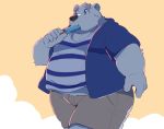  12beat13 2019 anthro blue_eyes bottomwear clothing food fur hoodie humanoid_hands male mammal overweight overweight_male polar_bear popsicle shirane_kan shirt shorts solo topwear ursid ursine utau white_fur 