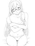  blush bra breasts covering covering_breasts crossed_arms glasses groin hair_between_eyes highres kantai_collection long_hair looking_away medium_breasts navel ooyodo_(kantai_collection) panties semi-rimless_eyewear sweatdrop thighs traditional_media under-rim_eyewear underwear vent_arbre wavy_mouth 