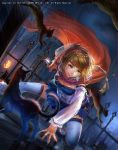  1girl blonde_hair blue_skirt breasts cat cat_(saga) cleavage closed_mouth commentary_request detached_sleeves earrings emperors_saga highres holding holding_weapon jewelry knife liduke midriff official_art romancing_saga_2 saga short_hair skirt smile solo square_enix thighhighs weapon white_legwear 