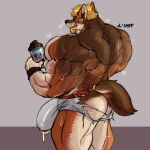  1:1 anthro big_bulge bodily_fluids bulge canid canine canis clothing cum cum_through_clothing genital_fluids huge_muscles male mammal muscular muscular_male oldshep smile solo standing sweat torn_clothing underwear wet wet_clothing wolf 