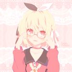  1girl adjusting_eyewear arms_up bangs blonde_hair blush bow collar collarbone copyright_request eyebrows_visible_through_hair glasses hair_between_eyes hair_bow hairband hairband_bow happy_birthday hatsukoi_chiduru heart heart-shaped_pupils highres hoppege lace_background long_sleeves looking_at_viewer multicolored_bow open_mouth red_collar red_eyes sailor_collar school_uniform serafuku short_hair smile solo studded_collar symbol-shaped_pupils upper_body virtual_youtuber 