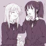  2girls ^_^ atelier_(series) atelier_totori bangs black_hair blunt_bangs blunt_ends blush bow bowtie buttons candy cardigan closed_eyes collared_shirt eyebrows_visible_through_hair feeding food hair_between_eyes hand_up hands_in_pockets heart holding long_hair long_sleeves looking_at_another maromi_(am97) mimi_houllier_von_schwarzlang monochrome multiple_girls open_mouth ponytail school_uniform shirt sidelocks simple_background smile standing straight_hair sweatdrop totooria_helmold yuri 