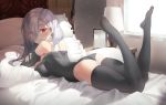  1girl ass bare_shoulders bed black_legwear black_sleeves black_swimsuit blush breasts commission eyebrows_visible_through_hair grey_hair large_breasts long_hair looking_at_viewer lying on_bed on_stomach original pring654 red_eyes sharp_teeth solo swimsuit teeth thighhighs 