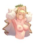  1girl ahoge armpits arms_behind_head arms_up bangs bigrbear blonde_hair breasts bridal_veil collarbone cropped_torso detached_sleeves eyebrows_visible_through_hair fate/grand_order fate_(series) green_eyes hair_intakes highres large_breasts long_sleeves looking_at_viewer navel nero_claudius_(bride)_(fate) nero_claudius_(fate)_(all) nipples parted_lips short_hair simple_background smile solo veil white_background 