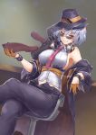  1girl bangs black_headwear bracelet breasts chair commentary crossed_legs eyebrows_visible_through_hair facing_viewer girls_frontline glasses gloves gun hair_between_eyes hat headphones headphones_around_neck holding holding_gun holding_weapon jacket jewelry large_breasts looking_at_viewer navel necktie over_shoulder pants potato_tacos red_eyes red_neckwear shirt short_hair silver_hair simple_background sitting smile solo submachine_gun sunglasses teeth thompson_submachine_gun thompson_submachine_gun_(girls_frontline) weapon weapon_over_shoulder 