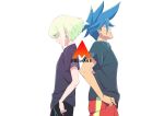  2boys back-to-back blonde_hair blue_hair copyright_name earrings galo_thymos hand_on_hip highres jewelry kengo lio_fotia looking_down looking_up male_focus multiple_boys pants promare purple_eyes shirt short_hair spiked_hair 
