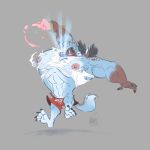  1:1 blue_fur clothing cooner dessert food fur growth hi_res huge_muscles hyaenid ice_cream magic magic_amulet male mammal muscle_growth muscular nipples red_clothing sharpdressedreptile spotted_hyena transformation 