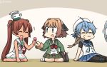  3girls bag black_ribbon blonde_hair blue_eyes blue_hair blue_neckwear blue_ribbon blush brown_hair candy chibi closed_eyes closed_mouth dress eyebrows_visible_through_hair fan food gradient gradient_background gradient_hair green_jacket green_skirt hachijou_(kantai_collection) hair_ribbon hamu_koutarou hat highres jacket kantai_collection libeccio_(kantai_collection) lollipop long_hair long_sleeves looking_at_viewer mini_hat multicolored_hair multiple_girls neckerchief open_mouth pantyhose pleated_skirt red_eyes red_neckwear ribbon sado_(kantai_collection) sailor_dress sailor_hat school_uniform serafuku short_hair sitting skirt sleeveless smile twintails 