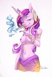  areola bracelet breasts equid female friendship_is_magic horn horn_ring hybrid jewelry lamia looking_at_viewer mammal moenkin my_little_pony navel nipples portrait princess_cadance_(mlp) purple_eyes reptile scalie simple_background slit_pupils smile snake solo unicorn 