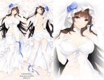  1girl alternate_costume ankle_ribbon artist_name ass back bangs bare_shoulders black_hair blue_ribbon blush breasts bridal_veil cleavage closed_mouth dakimakura dated dress elbow_gloves eyebrows_visible_through_hair flower from_above full_body garter_straps girls_frontline gloves hair_in_mouth hairband hand_on_own_chest hand_up head_tilt highres large_breasts leg_up long_hair looking_at_viewer lying menggongfang navel no_shoes on_back on_stomach parted_lips qbz-95_(girls_frontline) ribbon shoulder_blades smile solo stomach tareme thighhighs veil very_long_hair wedding_dress white_dress white_gloves yellow_eyes 