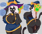  2019 anthro areola big_breasts big_butt black_nose bodily_fluids breasts butt clothed clothing dialogue domestic_cat english_text eyewear felid feline felis female glasses green_eyes hair hat headgear headwear hi_res huge_breasts huge_butt jinu leskaviene long_hair magic_user mammal nipple_slip nipples open_mouth simple_background slightly_chubby solo speech_bubble staff sweat text thick_thighs white_hair witch witch_hat 