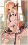 1girl :d abigail_williams_(fate/grand_order) bangs black_dress blonde_hair bloomers blue_eyes blurry blurry_background blush butterfly_hair_ornament commentary_request curtains depth_of_field dress eyebrows_visible_through_hair fate/grand_order fate_(series) forehead hair_ornament head_tilt heroic_spirit_chaldea_park_outfit highres holding inagawa_(kidou_kairo) indoors keyhole long_hair long_sleeves open_mouth parted_bangs round_teeth shirt sidelocks sleeveless sleeveless_dress sleeves_past_fingers sleeves_past_wrists smile solo stuffed_animal stuffed_toy teddy_bear teeth tentacles underwear upper_teeth very_long_hair white_bloomers white_shirt window 
