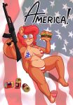  2019 acstlu alcohol anthro beer beverage bikini breasts burger can clothing english_text eyewear female food gun hair hi_res holding_food holding_object holding_weapon lizette mammal pawpads pink_nose pink_pawpads ranged_weapon red_hair rifle rodent sciurid short_hair smile solo sunglasses swimwear text united_states_of_america weapon 