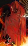  1girl cape fate/grand_order fate_(series) fire from_behind katana long_hair looking_back mizutame_tori oda_nobunaga_(fate) oda_nobunaga_(maou_avenger)_(fate) red_eyes red_hair signature sword very_long_hair weapon 