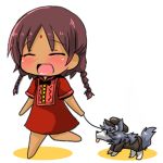  1girl :d ^_^ animal asha_(fate) barefoot blush braid brown_hair brown_headwear brown_jacket brown_pants cabbie_hat chibi closed_eyes clothed_animal colored_shadow commentary_request dog dress fate/grand_order fate_(series) hat indian_clothes jacket long_hair open_mouth oshiruko_(uminekotei) pants patxi red_dress shadow short_sleeves smile solo standing standing_on_one_leg twin_braids white_background 