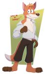  3_toes anthro canid canine clothing concupisco dialogue fox hi_res invalid_tag male mammal pulling_pants_down solo standing talking_to_viewer toes unbuttoned_shirt undressing 