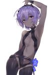  1girl absurdres arm_up armpits bangs bare_arms bare_shoulders black_leotard blue_flower blush breasts center_opening closed_mouth commentary_request cowboy_shot dark_skin eyebrows_visible_through_hair fate/prototype fate/prototype:_fragments_of_blue_and_silver fate_(series) flower hair_between_eyes hassan_of_serenity_(fate) highres leisss leotard navel purple_eyes purple_hair sidelocks simple_background small_breasts solo white_background 
