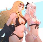  2girls bikini black_hair blonde_hair bow braid breasts cleavage drag-on_dragoon drag-on_dragoon_3 eyewear_on_head five_(drag-on_dragoon) flower grin hair_bow hair_over_one_eye highres jacket koyorin long_hair looking_at_viewer multiple_girls navel purple_eyes smile sunglasses sweat swimsuit very_long_hair white_bikini yellow_eyes zero_(drag-on_dragoon) 