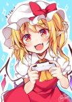  1girl :d absurdres ascot bangs blonde_hair blue_background bow commentary_request controller cowboy_shot crystal eyebrows_visible_through_hair fang flandre_scarlet frilled_shirt_collar frills hat hat_bow highres holding long_hair looking_at_viewer miy@ mob_cap one_side_up open_mouth pointy_ears puffy_short_sleeves puffy_sleeves red_bow red_eyes red_skirt red_vest shirt short_sleeves simple_background skirt skirt_set smile solo touhou translation_request vest white_headwear white_shirt wings yellow_neckwear 