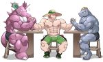  abs arm_wrestling bottomwear briefs bulge clothed clothing cross-popping_vein group gym_leader hi_res human humor machoke maldu male mammal milo_(pok&eacute;mon) muscular muscular_male navel nidoking nintendo nipples pecs pok&eacute;mon pok&eacute;mon_(species) shorts simple_background topless underwear vein video_games white_background 